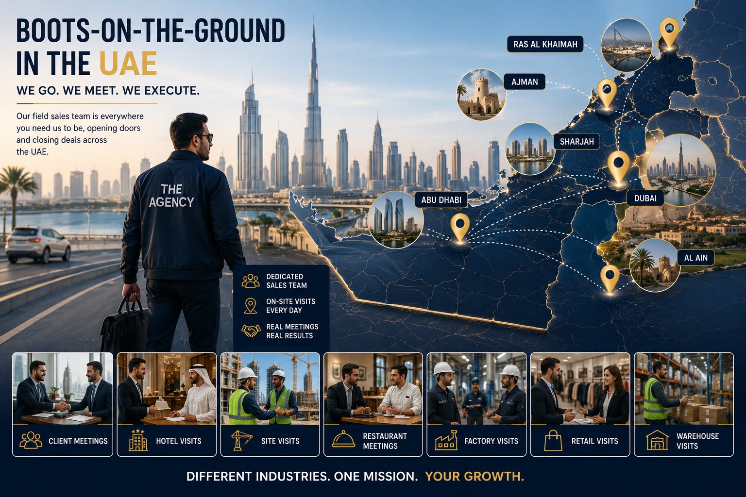 Map of The Agency field team activity across the UAE with photos of client meetings, hotel, site, factory, retail and warehouse visits