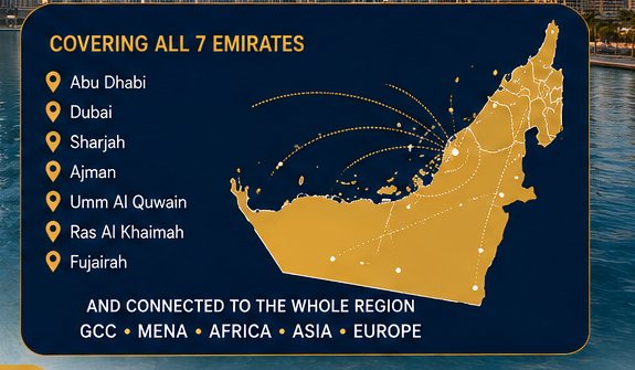 Map of the UAE showing coverage of all seven emirates and commercial connections across GCC, MENA, Africa, Asia and Europe