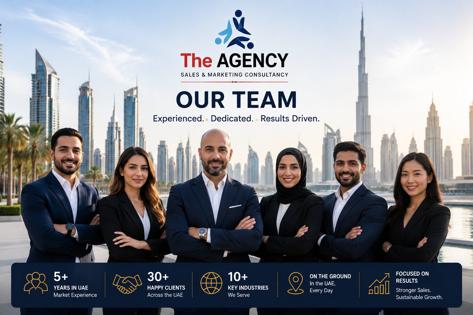 The Agency field sales team standing in front of the Dubai skyline