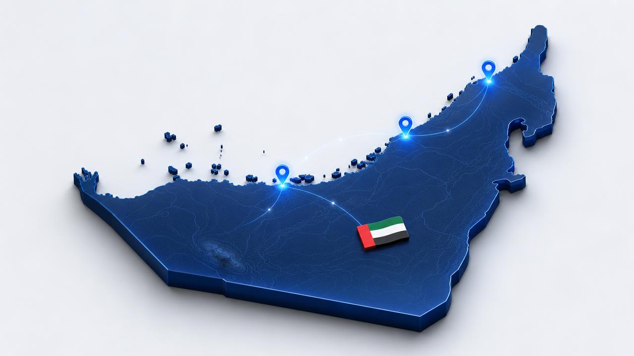 Three-dimensional map of the United Arab Emirates highlighting the main commercial hubs