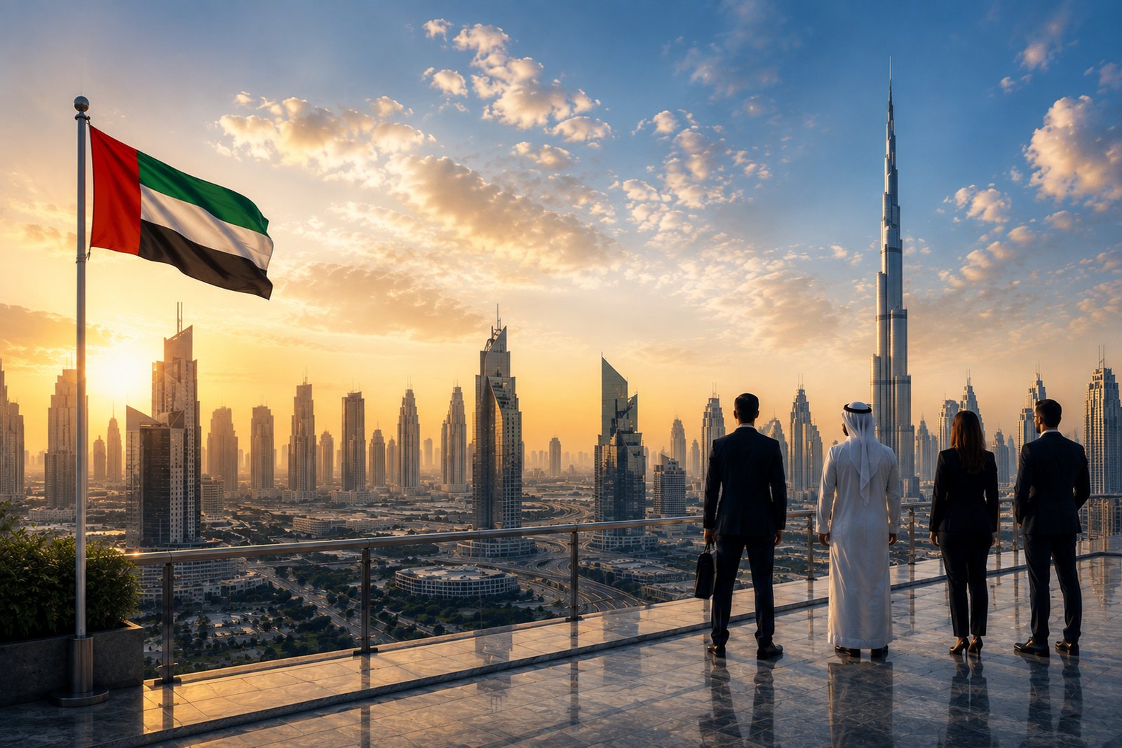 Business professionals overlooking the Dubai skyline at sunrise with the UAE flag and the Burj Khalifa